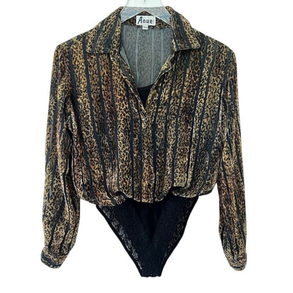 Vtg Anue Ligne Women's Brown Leopard Print Sheer Lace Bodysuit S Blouse Top